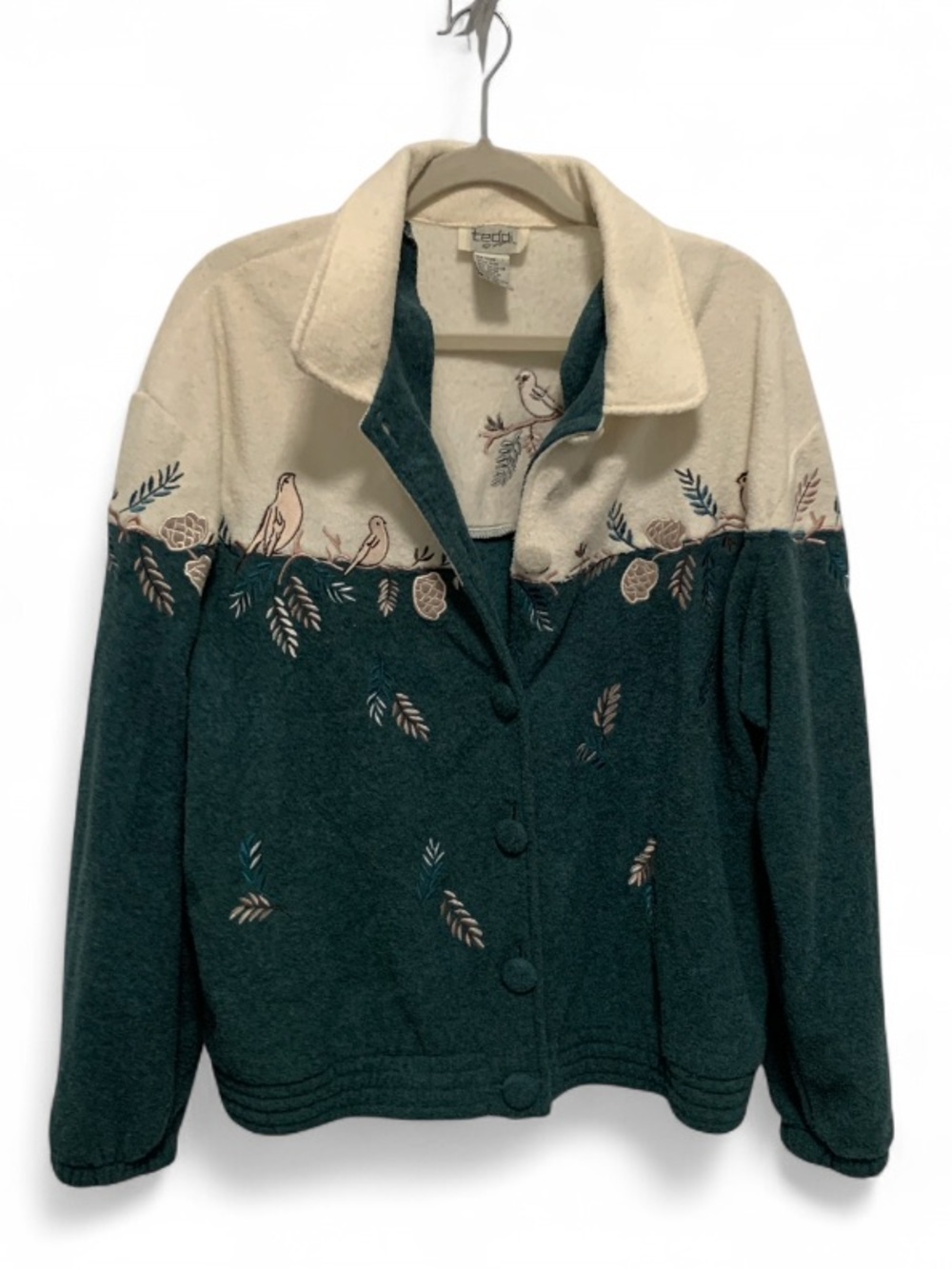 Vintage Teddi Two-Tone Green & Cream Embroidered Teddy Jacket
